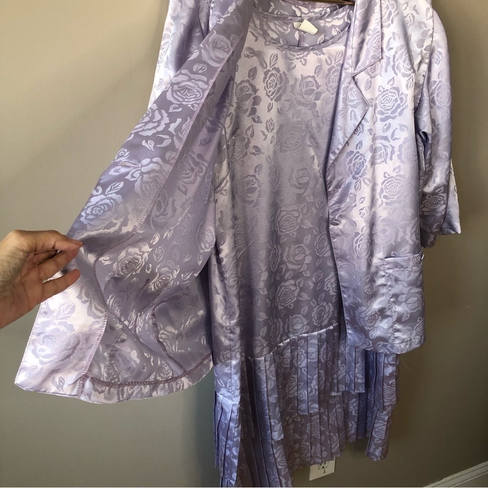 Vintage 2 pc set  Lavender Satin Floral Pleated Dress with Matching Blazer L